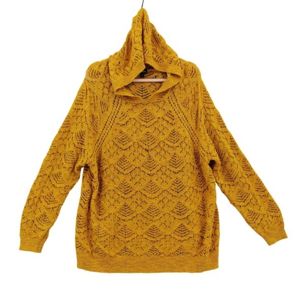 Torrid Women Earthy Cottagecore Crochet Pointelle Hooded Sweater 3X Mustard Knit